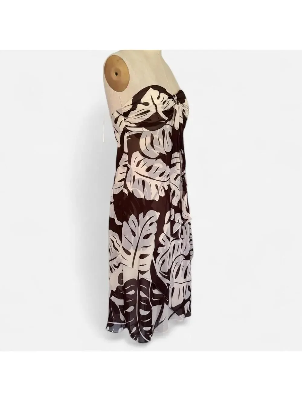 Y2K Tropical Brown Strapless Dress White Leaf Print B.Moss